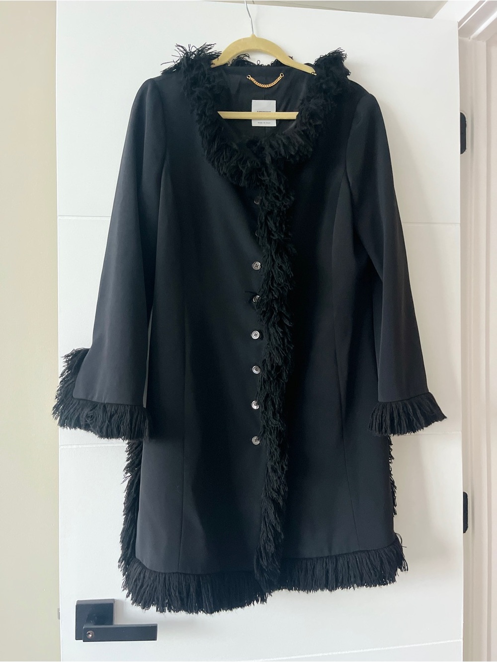 Moschino Made in Italy Black Fringe Trim
Coat Jacket Gold Chain Vintage sz M-L